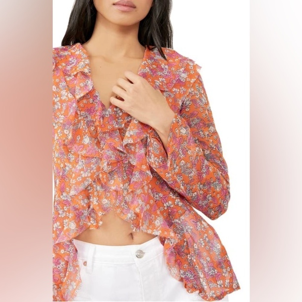 🎀NWT  FREE PEOPLE NINA PRINTED ruffle floral chiffon TOP XS